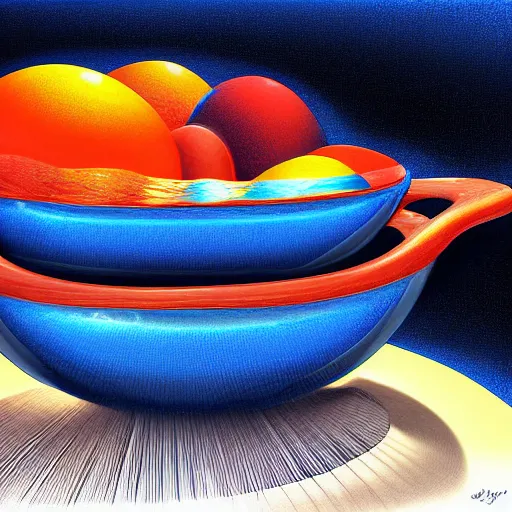 Prompt: boiling imagination in a bowl, ultra detailed, digital painting, dark blue, yellow, orange, red