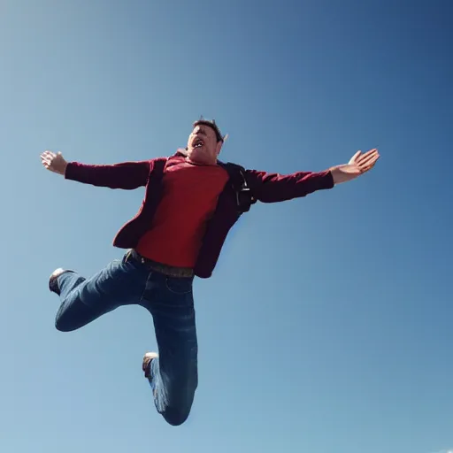 Image similar to A horizontal wide shot of ((Tom Pretty)) free falling from the sky, photorealistic, blue sky