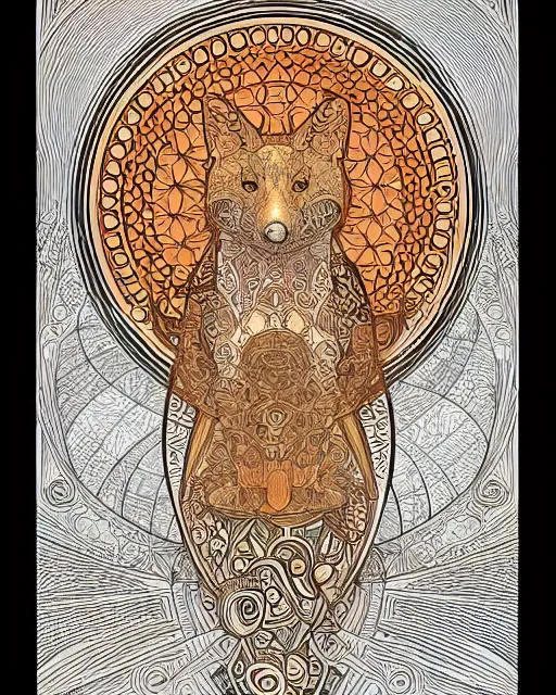 Prompt: fox carving art, cell shading, voronoi,fibonacci sequence, sacred geometry by Alphonse Mucha, Moebius, hiroshi yoshida, Art Nouveau, colorful, ultradetailed, black and white, 3d