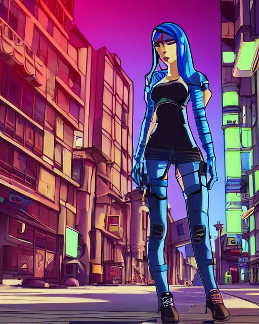 Image similar to cel shaded art of a pretty blue haired girl, jet grind radio graphics, cyberpunk city street background