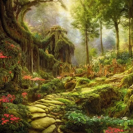 Prompt: a beautiful and highly detailed matte painting of an elven garden in a mystical forest in a dreamy valley deep in the tall mountains of avalon, intricate details, epic scale, insanely complex, 8 k, sharp focus, hyperrealism, very realistic, by caspar friedrich, albert bierstadt, james gurney, brian froud,