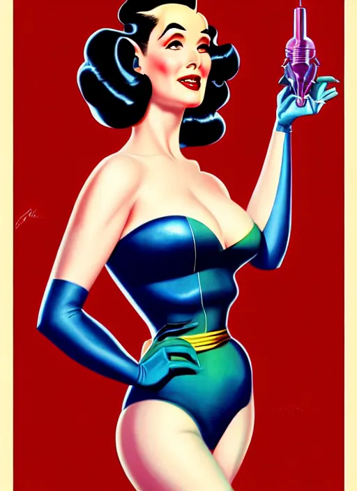 Prompt: a retro sci - fi pinup illustration of dita von teese in the style of anna dittmann and in the style of charlie bowater and in the style of alberto vargas and in the style of gil elvgren.