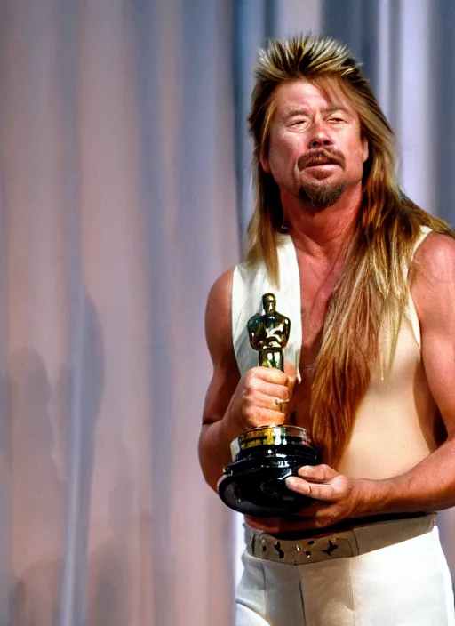 Image similar to a hyper realistic ultra realistic photograph of Joe Dirt winning an oscar, highly detailed, 8k photo