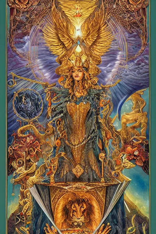 Prompt: beautiful tarot card of the queen of dreams by carol bak and jacek yerka and dan mumford and alex gray, oil on canvas, intricate border, symmetrical, 8k highly professionally detailed, HDR, CGsociety