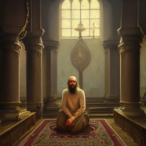 Prompt: portrait grigori rasputin praying in the mosque, wlop, james jean, tom bagshaw, rococo, trending on artstation, fantasy, intricate, elegant, highly detailed, digital painting, concept art, smooth, illustration, cinematic lighting, hyper realism, octane render, 8 k, hyper detailed.