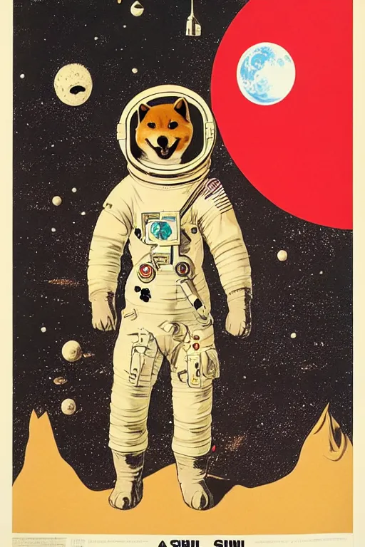 Prompt: Shiba Inu cosmonaut portrait, moon mission, 60s poster, 1968 Soviet Japanese