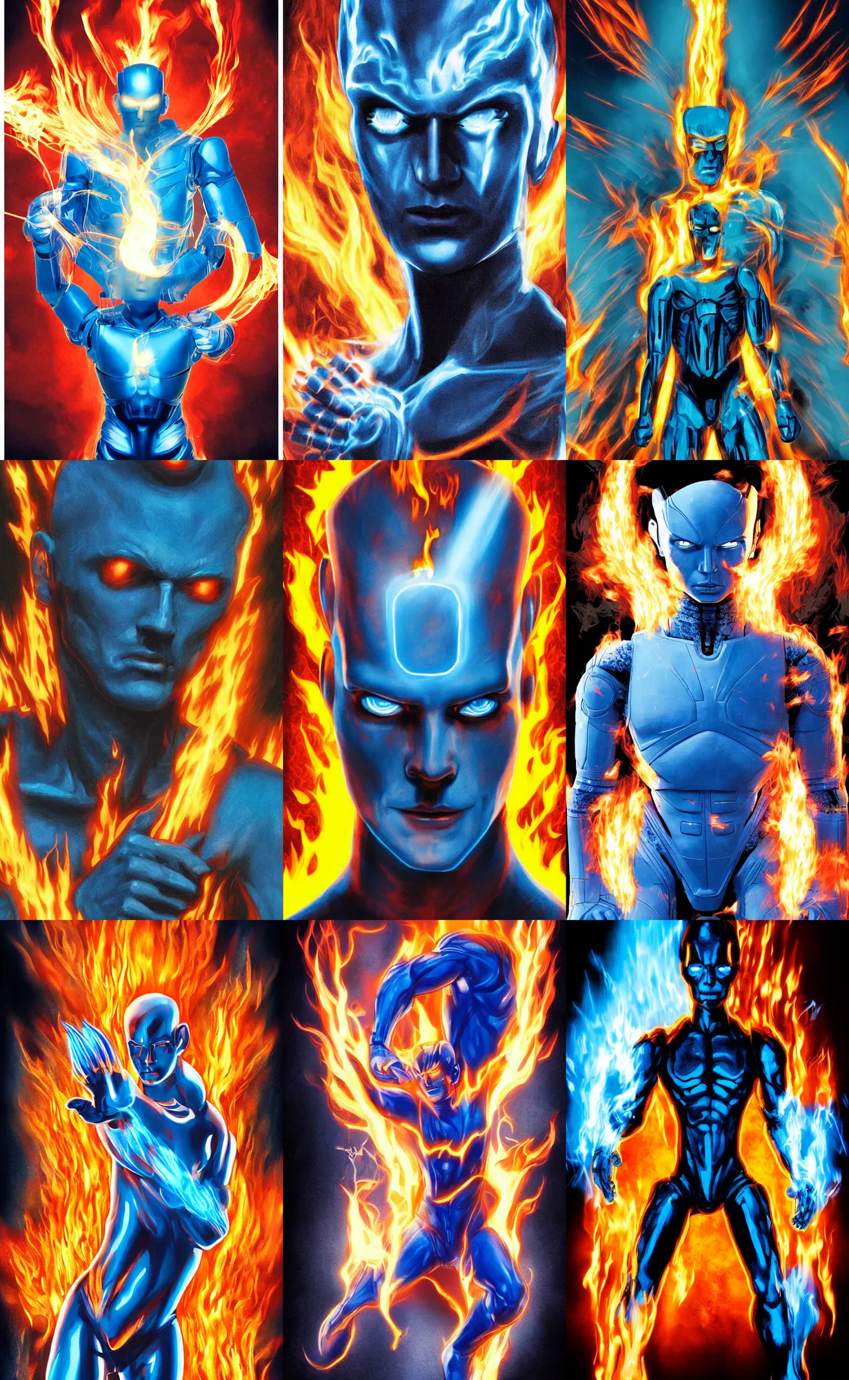 Prompt: comic book movie poster of a portrait blueish humanoid android with flames moving from the right to the left by gabz