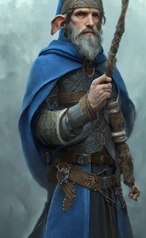 Image similar to portrait of a middle aged elf with a long beard, dressed in a blue cloak with clock iconography, brown hair, raised hand, detailed face, fantasy, highly detailed, cinematic lighting, digital art painting by greg rutkowski