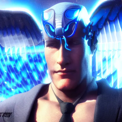 Prompt: during doomsday man with blue energy wings flying in cyberpunk city, high detail, realistic, symmetrical face, art by unreal engine 5 art