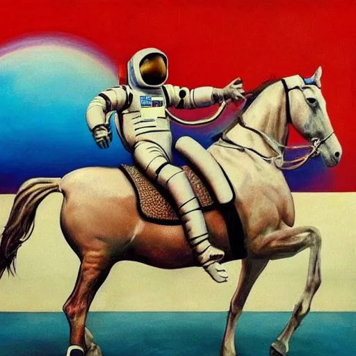 Image similar to the horse sat on the astronaut's head, on his back, style surrealism