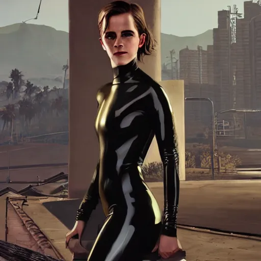 Prompt: highly detailed painting of emma watson wearing a latex suit in los santos, gta 5 cover art, stephen bliss, 8 k, by greg rutkowski, artgerm, global illumination, radiant light, detailed and intricate environment