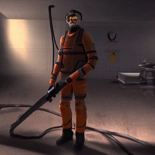 Image similar to high depth, published concept art, halflife 3 gordon freeman standing tall with soft lighting