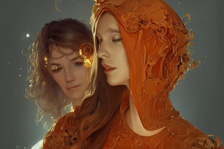 Image similar to portrait of tinfoil hat man in orange t - shirt behind his wife, feelings, romantic, fantasy, intricate, elegant, highly detailed, digital painting, artstation, concept art, smooth, sharp focus, illustration, art by artgerm and greg rutkowski and alphonse mucha