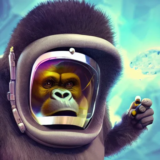 Prompt: angry upset gorilla left in space, wearing space suit. interesting 3 d character concept by tiger hkn and gediminas pranckevicius, maplestory, game art, hyper detailed, character modeling, cartoon, cinematic, ray tracing, fur details, maya, c 4 d