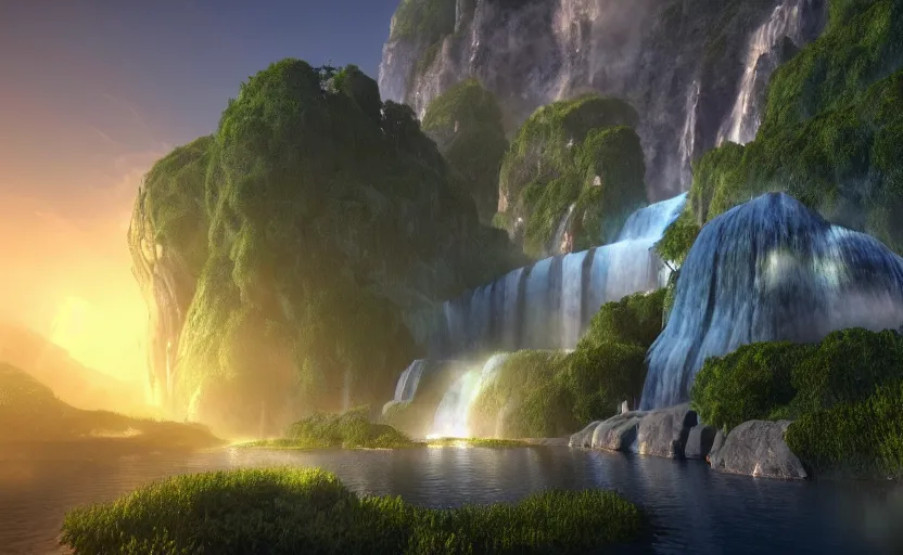 Image similar to a beautiful and stunning professional digital artwork of a humongous pyrite cave, haze, waterfall, volumetric lighting, hyperrealistic, green, blue, sunset, unreal engine 5, ultra detail