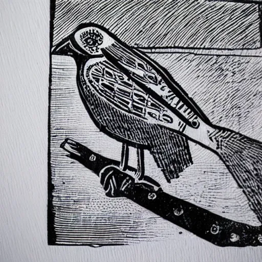 Prompt: block print bird in the style of slippery jack, black ink on white paper