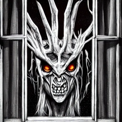 Image similar to wendigo on the outside of the window peaking in, spooky, realistic, clear, crisp, sharp, detailed