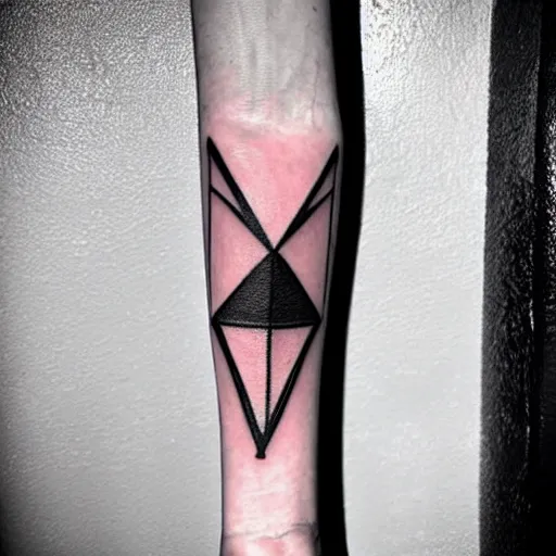Prompt: simple inner bicep tattoo of intersecting triangle outlines in outer space