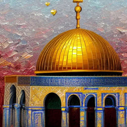 Image similar to a beautiful oil painting flyer design illustration of dome of the rock jerusalem hands hugging it, intricate, elegant, highly detailed, digital painting, artstation, concept art, smooth, sharp focus, illustration