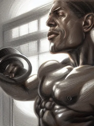 Prompt: a handsome man flexing in the gym. intricate, elegant, highly detailed, digital painting, artstation, cinematic shot, concept art, sharp focus, illustration, by justin gerard and artgerm, 8 k