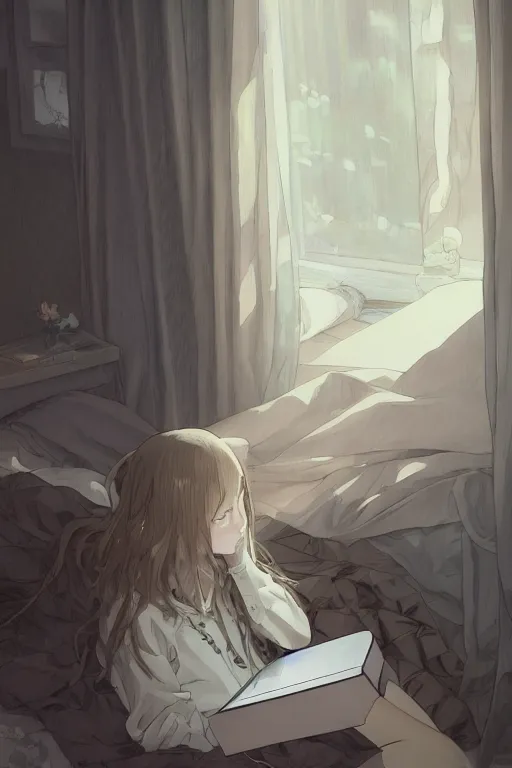 Image similar to a digital painting of a girl in a jk uniform outfit in the bedroom reading a book in a night, raining outside the window, dark and grey theme ， wavy white long hair, by krenz cushart and mucha and akihito yoshida and greg rutkowski and makoto shinkai, detailed eyes, 4 k resolution 、 trending on art station