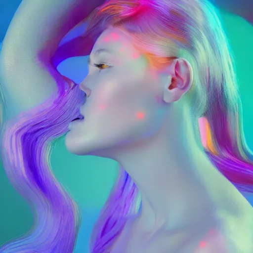 Prompt: A gorgeous young ethereal woman delicately positioned and intertwined in popping color fluids, Fantasy, hyperrealism, 4k, volumetric lighting, three dimensions, a digitally transformed world, user interface design, 3D modeling, illustration, and transportation design. art by Andrew Chiampo, Frederik Heyman and Jonathan Zawada, 4k