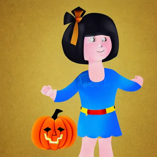 Image similar to children's book illustration of little girl black hair cut in a bob with bangs wearing a blue dress with jingle bells sewn all over at a halloween costume contest