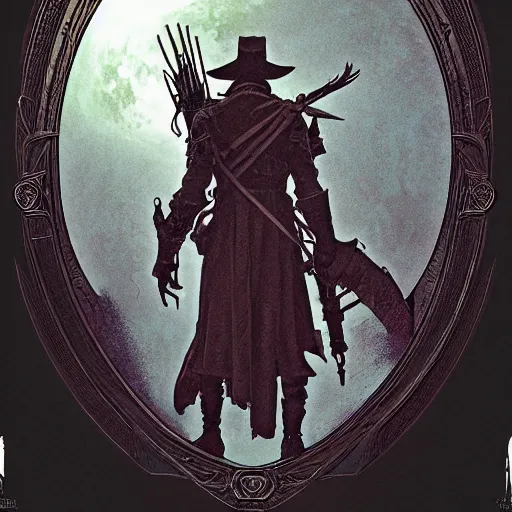 Image similar to an ultra detailed vector image of the hunter from bloodborne trapped in the hunter's dream, concept art by alphonse mucha and greg rutkowski, scary shadows, blood moon eclipse, polaroid octane render, laminal space