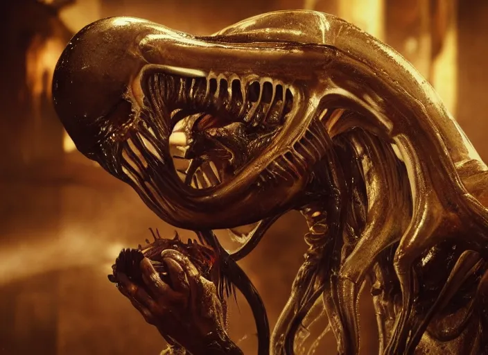 Image similar to film still of kim kardashian being licked by an xenomorph slathered in a transparent alien liquid, wet flowing hair, gooey skin, illustration, unreal engine 5, 8 k, directed by h. r. giger.