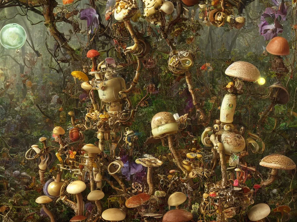 Prompt: victorian robot with mushrooms growing in a spheroid forest, 3d render, nightlight Study, by Jan Davidsz de Heem and Lisa Frank, Art Nouveau, 8k, extreme detail, sharp focus, octane render