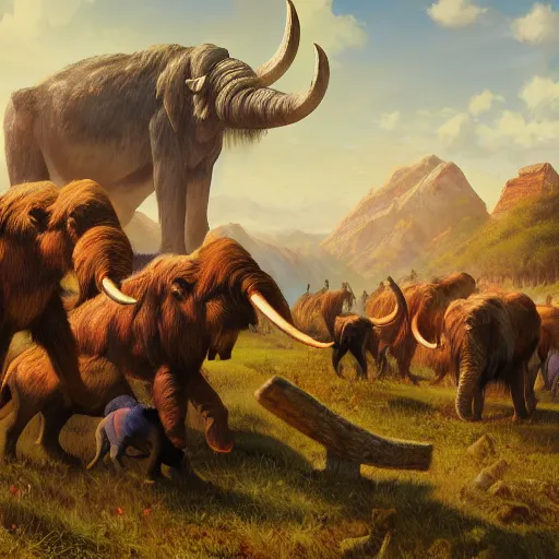 Prompt: painting of primitive people hunting a herd of mammoths, artstation, vibrant, colorful, ultra detailed