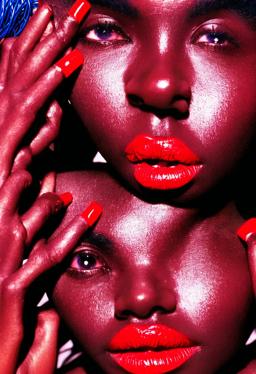 Image similar to medium shot, photograph of alluring dark skin young woman looking into camera, red lipstick, hundreds of cables and wires tightly wrapped around face and body, sharp focus,, chromatic abberations, as fashion editorial 90s, kodak ektachrome