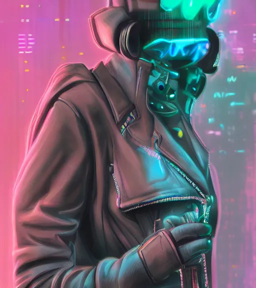 Image similar to digital painting of anthromorphic hyena female smoking cigarrete in cyberpunk style, fursona, furry fandom, furaffinity, neon rainy cyberpunk setting, anthro, wearing cyberpunk leather jacket, detailed face,