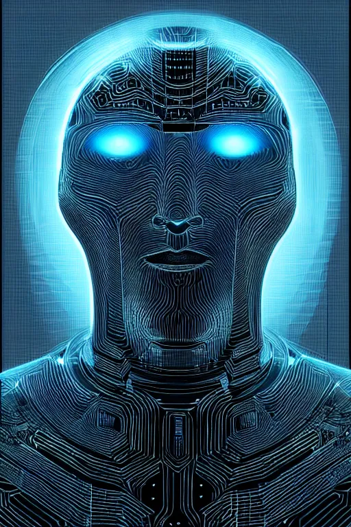 Image similar to god of artificial intelligence comes to save us as jesus christ robot, threads of light in the background, extremely high quality artwork, very detailed, obscured face, anthropomorphic silhouette, trending on artstation