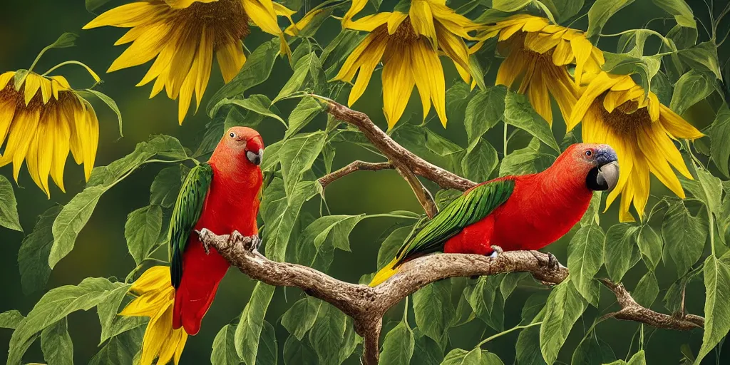 Image similar to an angry red winged parrot sitting in a tree, surrounded by sunflower seeds, high detail, national geographic photorealistic