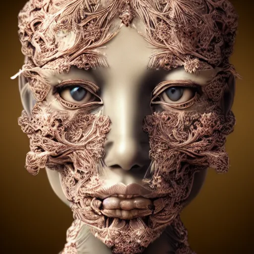 Prompt: beatifull face portrait of a woman, 150 mm, anatomical, flesh, flowers, mandelbrot fractal, facial muscles, veins, arteries, intricate, golden ratio, full frame, microscopic, elegant, highly detailed, ornate, ornament, sculpture, elegant , luxury, beautifully lit, ray trace, octane render in the style of peter Gric , alex grey and Romero Ressendi