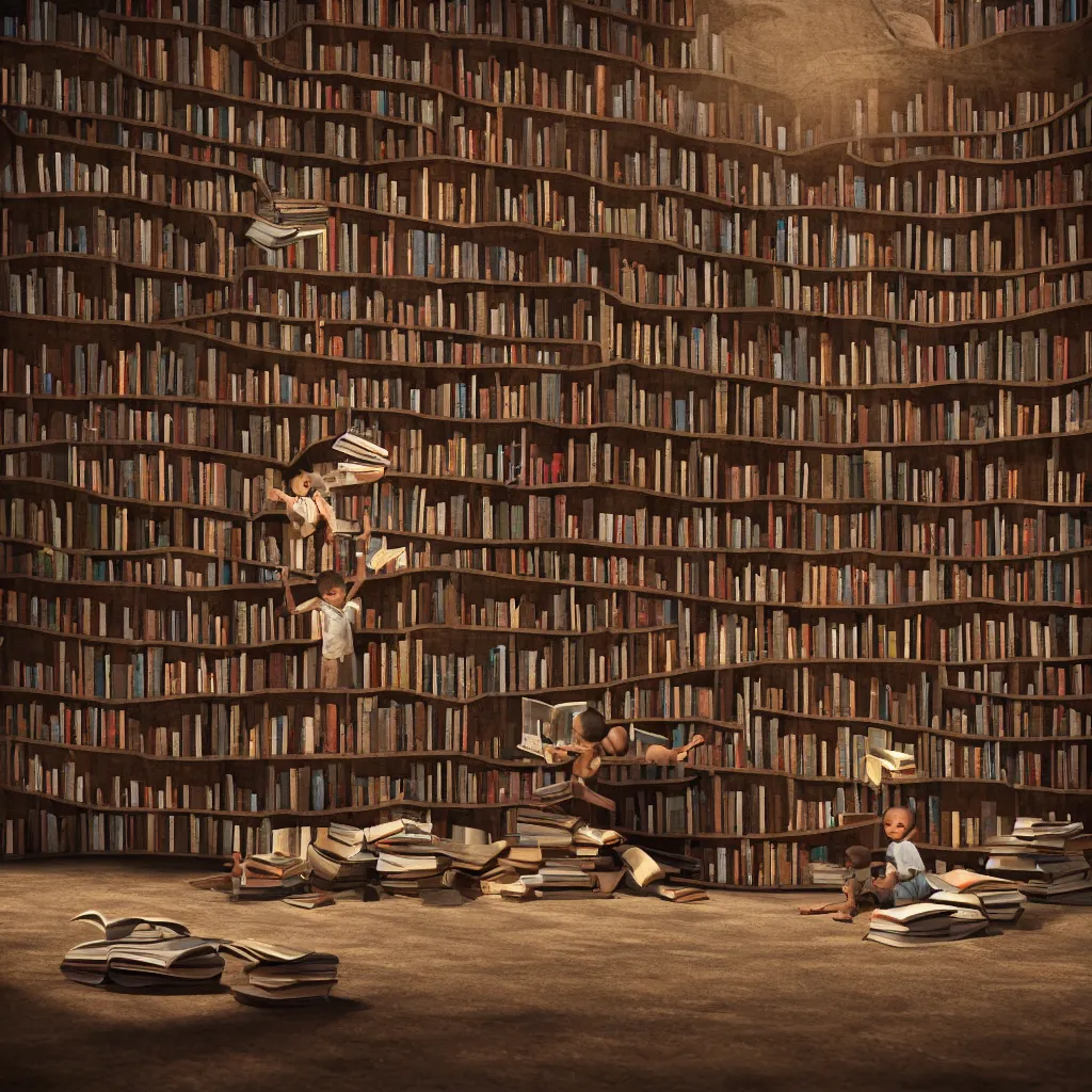 Prompt: a poor child with a desire for knowledge, consumes all the books in a library, octane render, extremely detailed, beautiful lighting, 4k/8k