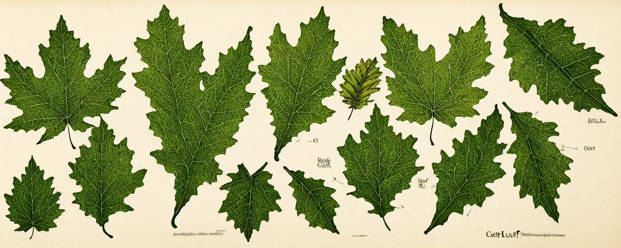 Prompt: leaf schematic, hybrid between oak leaf and wine leaf, ultra detailed, 4 k, intricate, encyclopedia illustration, fine color lines