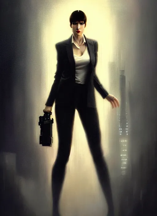 Prompt: ! dream hyper realistic portrait gorgeous, beautiful rachael rosen from blade runner set in modern times, fully clothed in a women's suit from the future, by greg rutkowski, scott m fischer, artgerm, loish, slight glow, atmospheric, anne stokes, alexandros pyromallis,