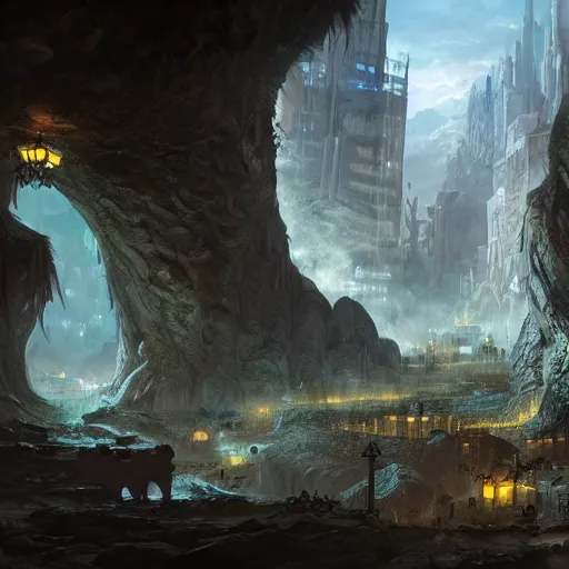 Image similar to A highly detailed 4K fantasy matte painting of city in cave. ArtStation, CGSociety, Unreal Engine