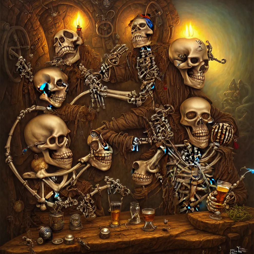 Prompt: photorealistic one pirate skeleton is drinking beer on his shaft with his treasure and beer by tomasz alen kopera and Justin Gerard