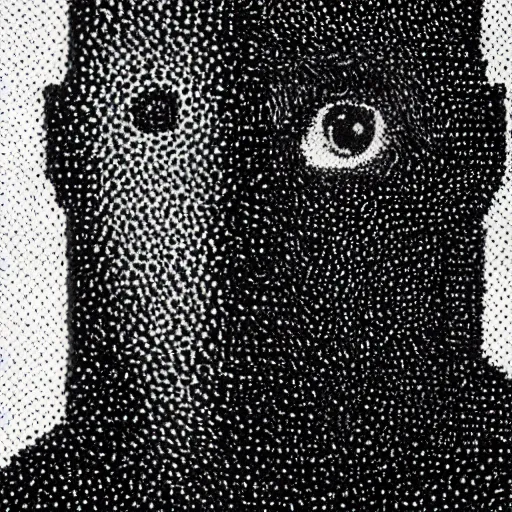 Image similar to The art installation shows a the large, black-clad figure of the king looming over a small, defenseless figure huddled at his feet. The king's face is hidden in shadow, but his menacing stance and the large, sharp claws on his hands make it clear that he is a dangerous and powerful creature. pointillism by Emma Geary, by Yves Tanguay subtle, fine