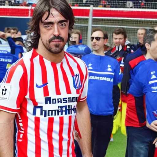 Image similar to fernando alonso wearing atletico de madrid soccer shirt