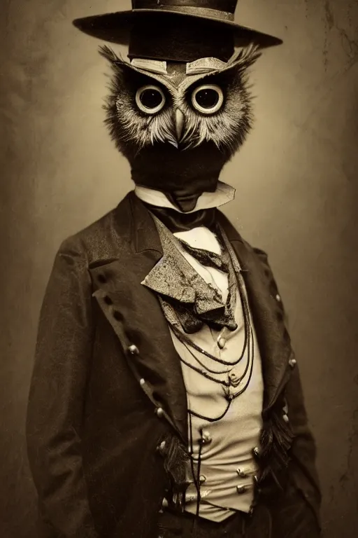 Image similar to wet plate photograph portrait of a victorian - era anthropomorphic owl dressed in a victorian - era clothing, dramatic lighting, highly detailed, digital painting, artstation, concept art, smooth, sharp focus, illustration, art by wlop, mars ravelo and greg rutkowski