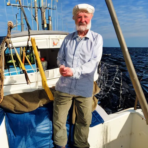 Prompt: captain birdseye stood on the back of a fishing boat disappointingly looking at empty nets, wide angle