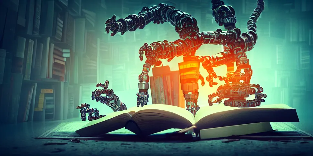 Image similar to A frightening multi armed evil robot devouring books with pipes and tubes and pages floating down, hyperealistic very colourful hdr cinematic lighting cgi render photorealistic cinematic octane render