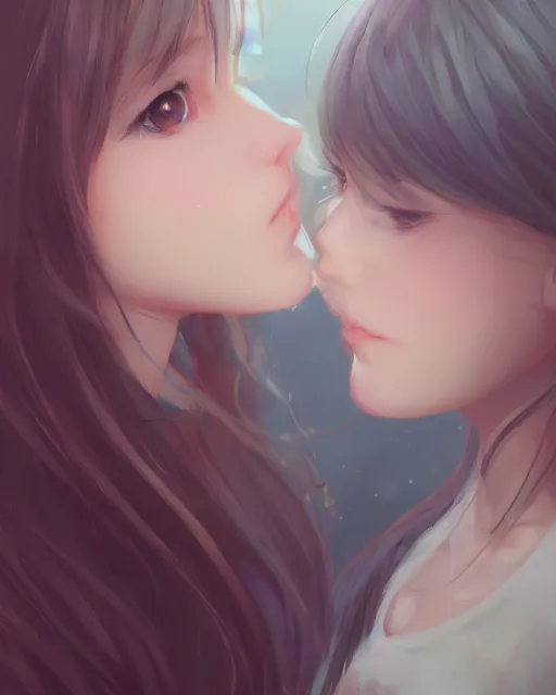 Image similar to portrait of two girls kissing, anime, drawn by WLOP, trending on Artstation