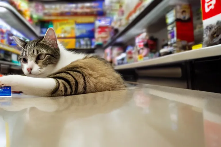 Image similar to cat on the counter in 7 - eleven next to a pack of cigarettes wide angle lens