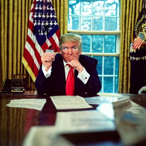 Image similar to Donal Trump drinking out of a bottle of whiskey, Oval Office, newspaper picture, realistic, close-up, pulitzer-prized photo, by Steve McCurry