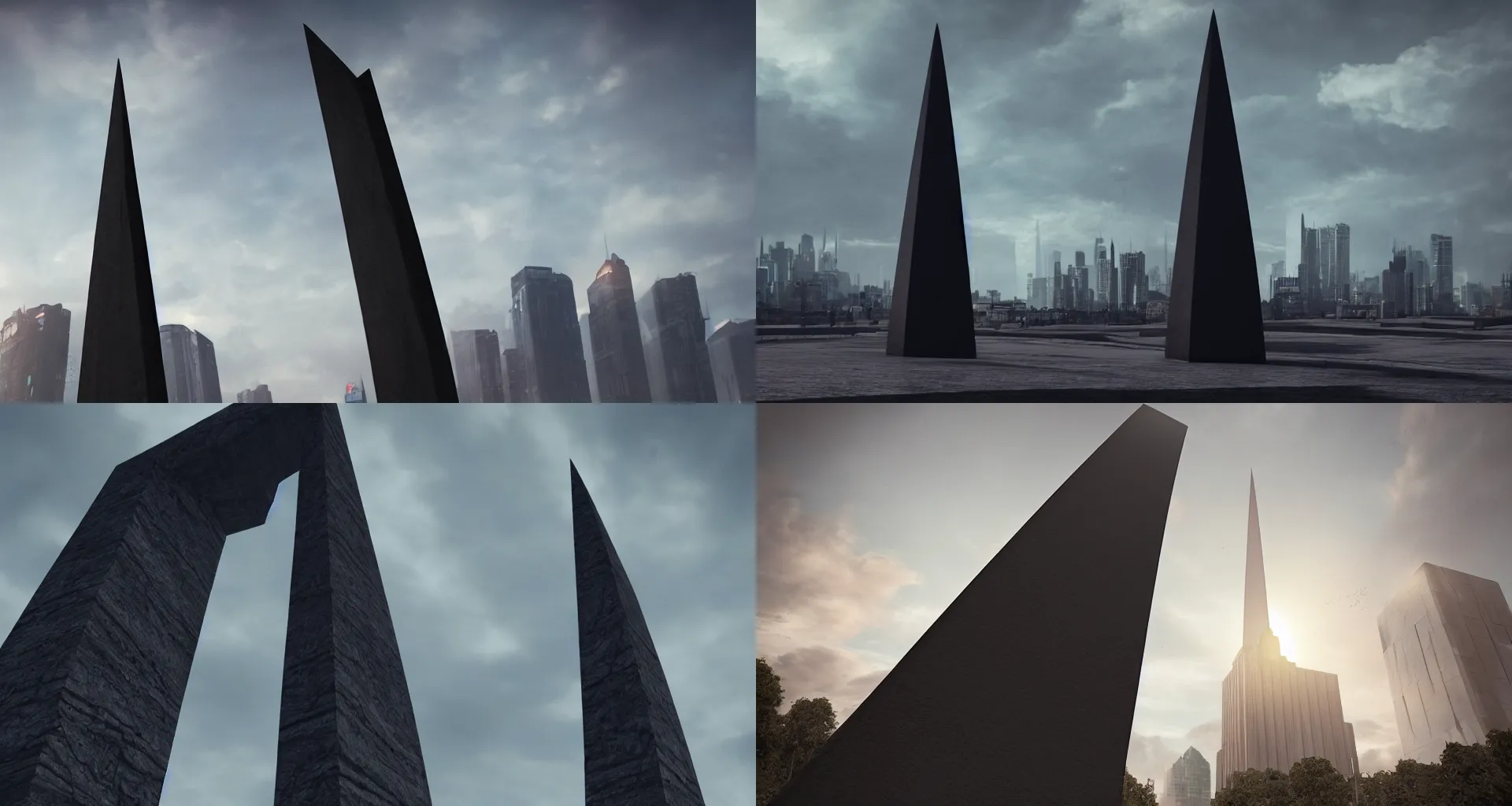 Prompt: An immense black obelisk mysteriously hangs in the sky in an urban setting, onlookers observe it with worry, stunning photo, cinematic lighting, perfect composition, 8K, ultra-detailed , Trending on artstation, Octane render, Unreal Engine, highly detailed,